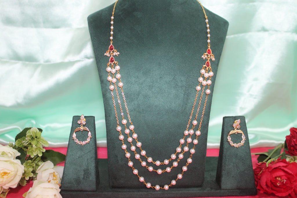 Chandra haram with red stone lockets 3 lines with original pearls matching earings