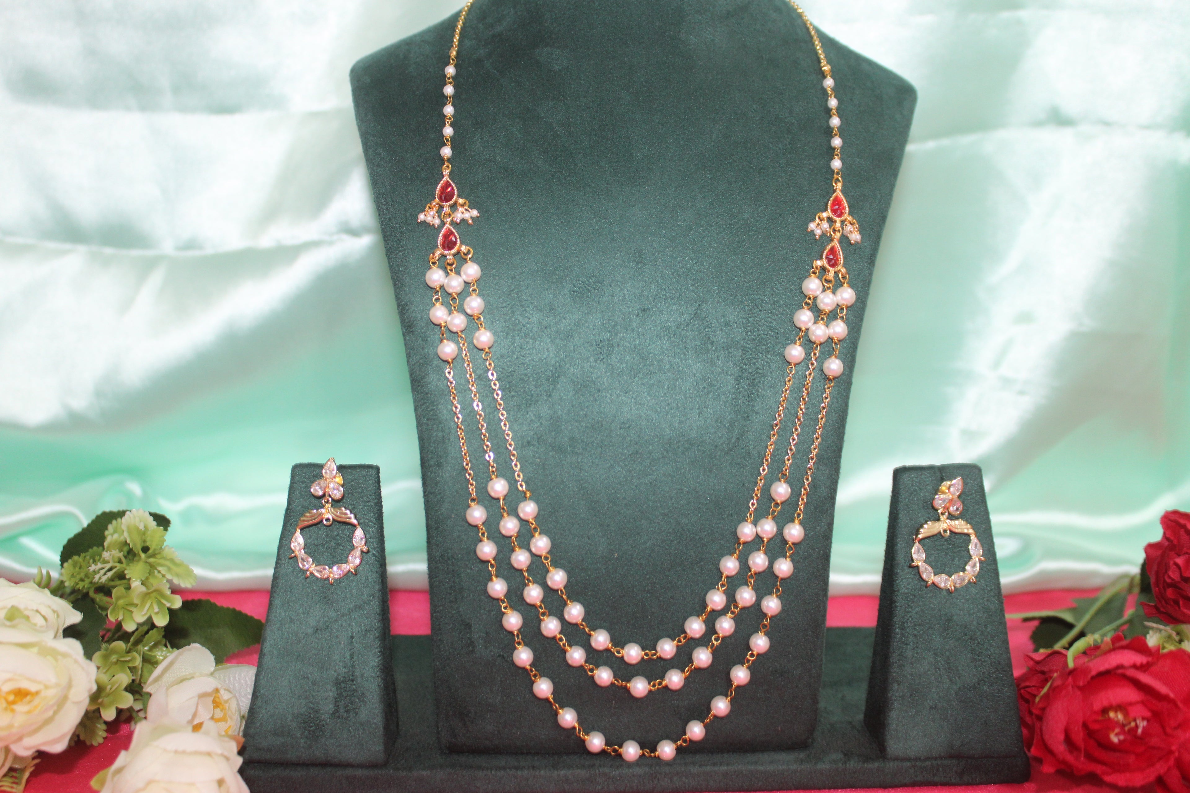 Chandra haram with red stone lockets 3 lines with original pearls matching earings