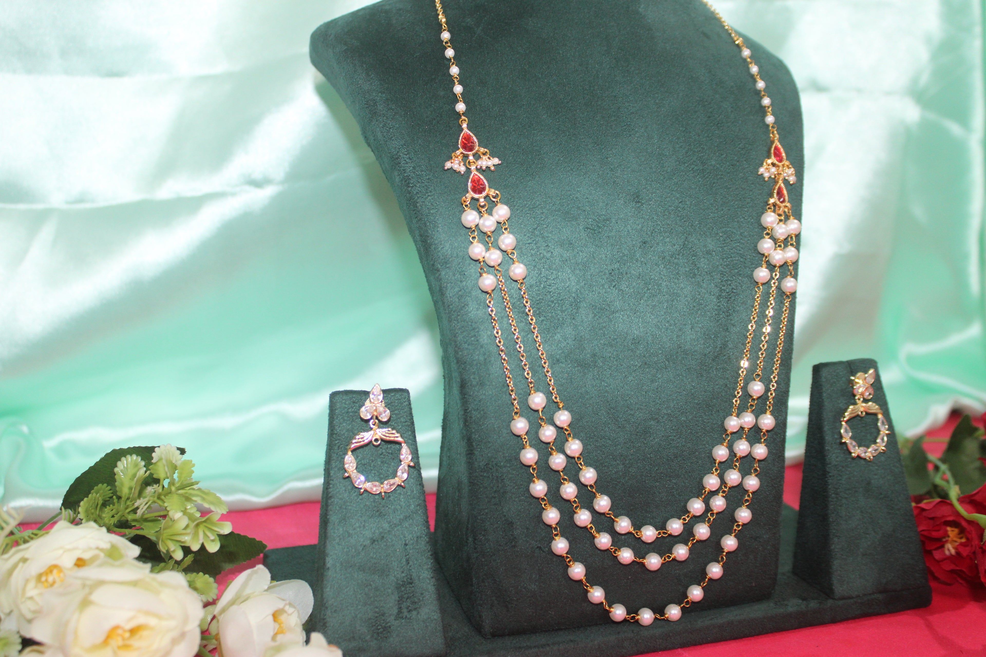 Chandra haram with red stone lockets 3 lines with original pearls matching earings