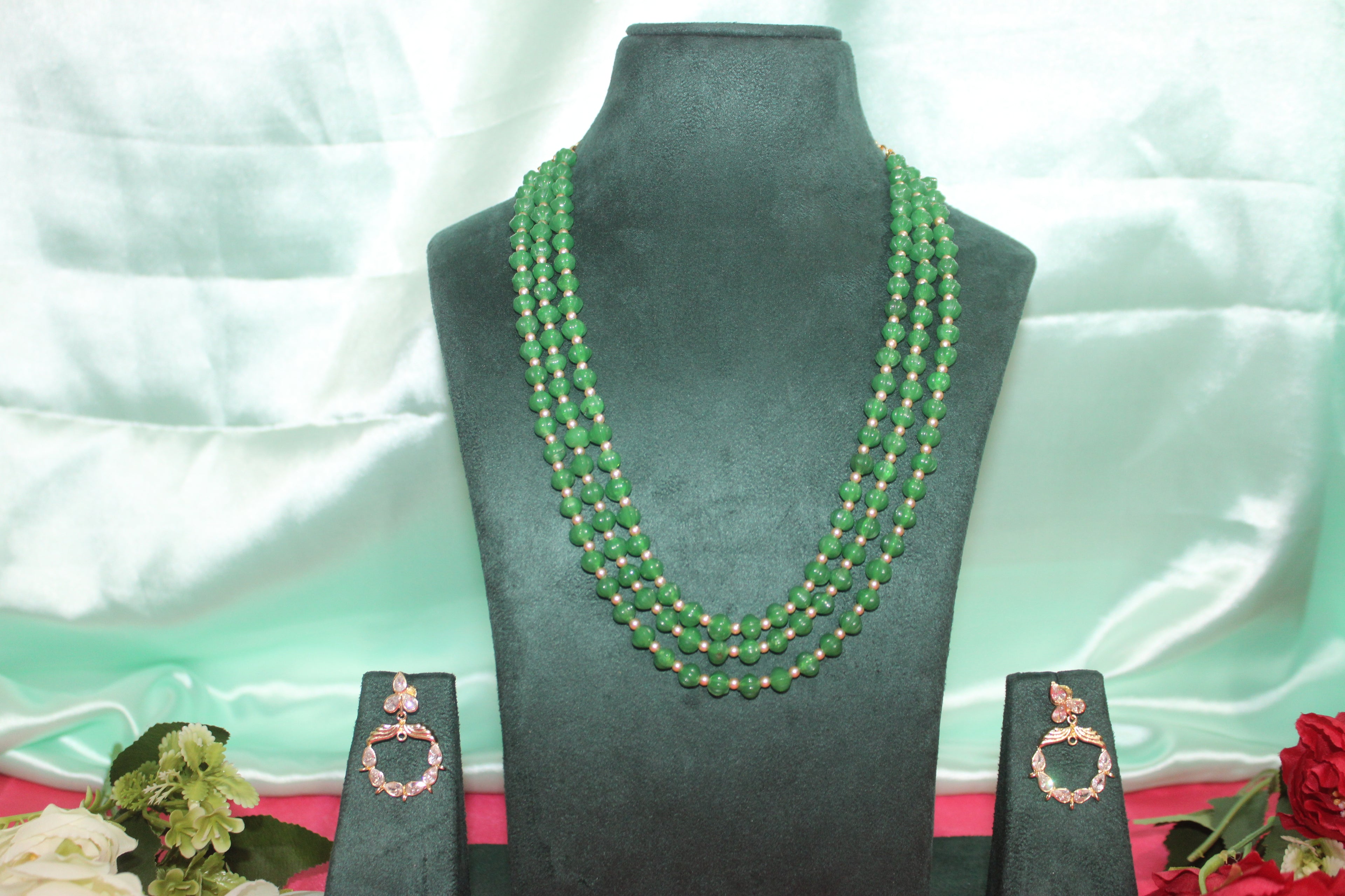 Trending green pumpkin beads with original swarovski pearls matching earings 3 line haram