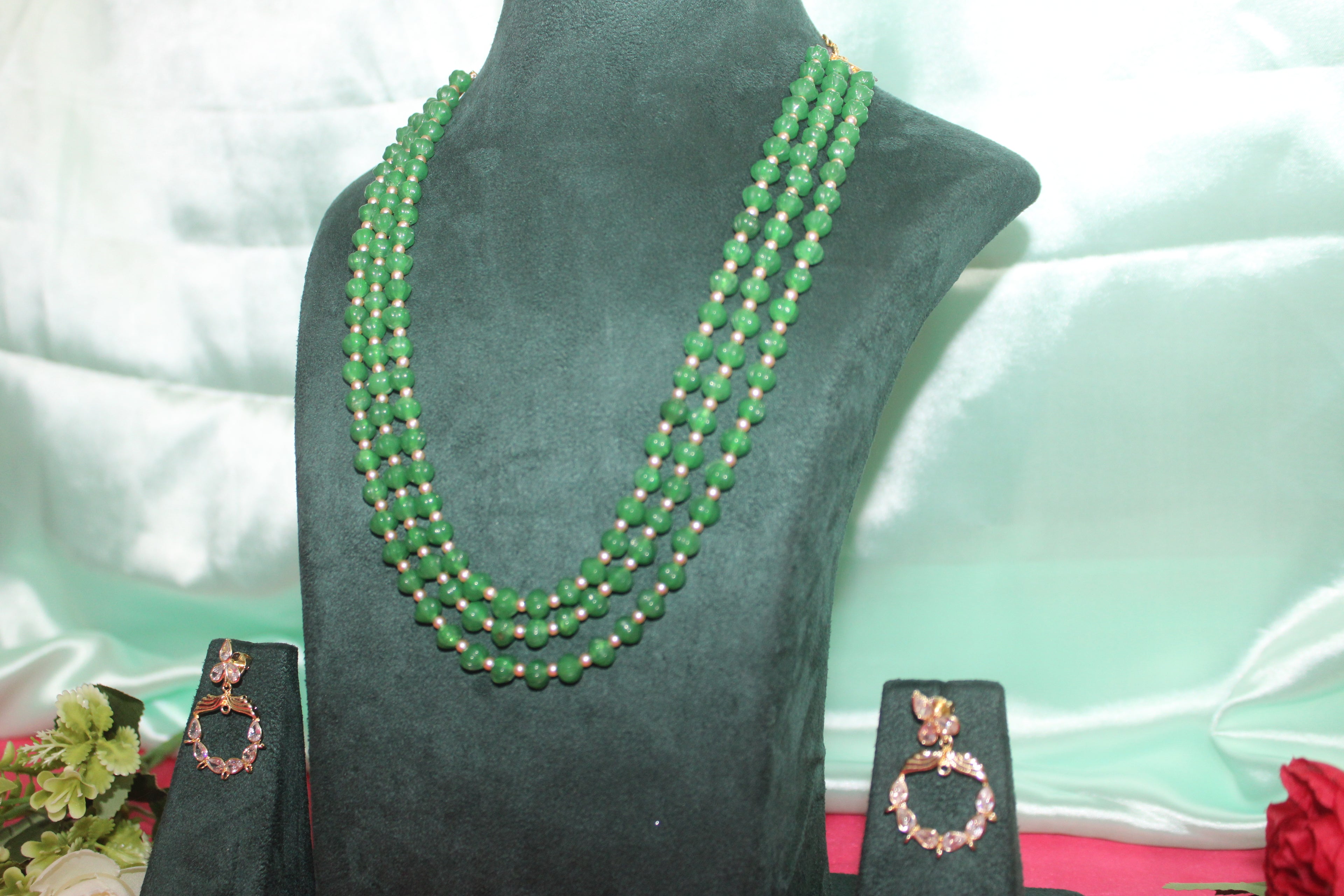 Trending green pumpkin beads with original swarovski pearls matching earings 3 line haram