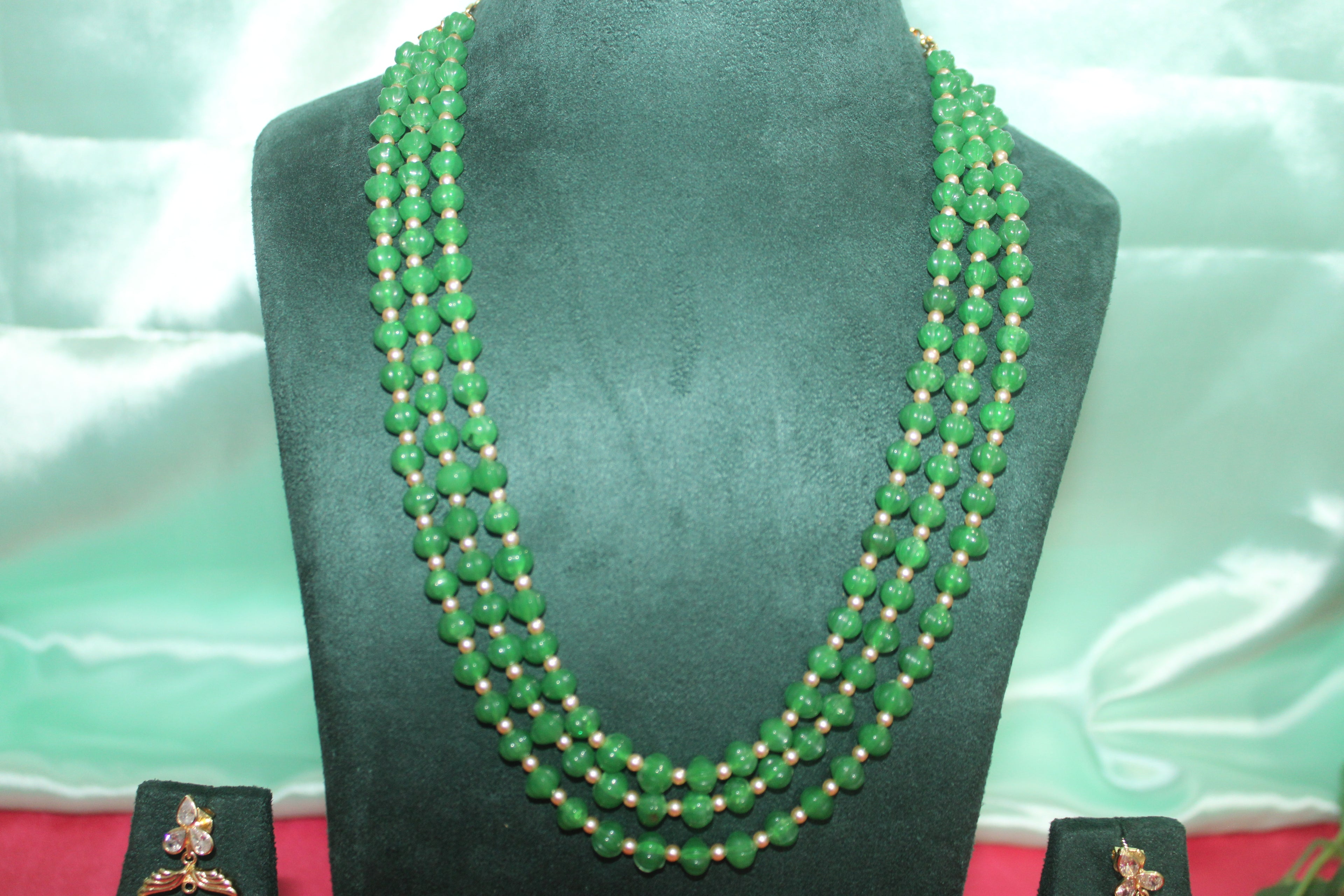 Trending green pumpkin beads with original swarovski pearls matching earings 3 line haram