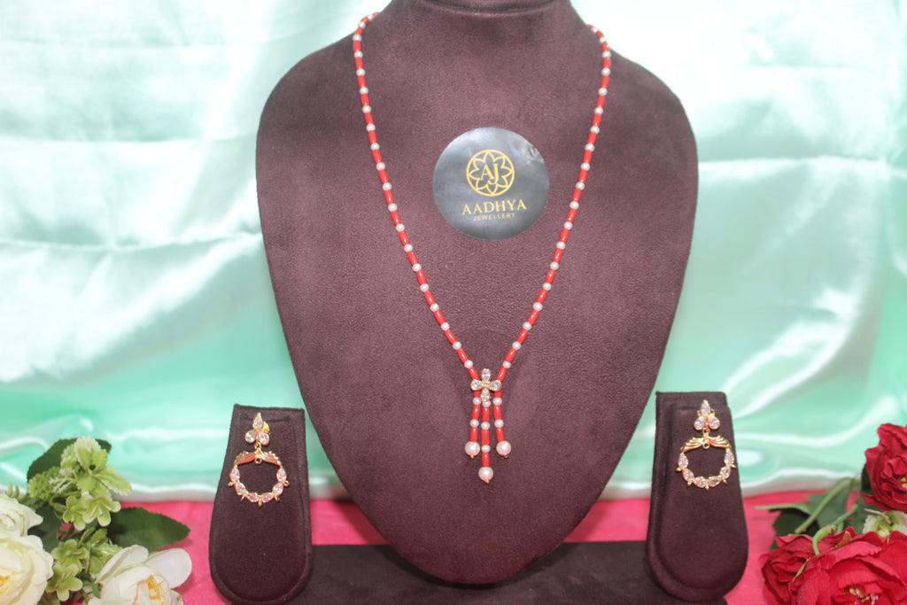Coral & swarovski pearls premium with earings