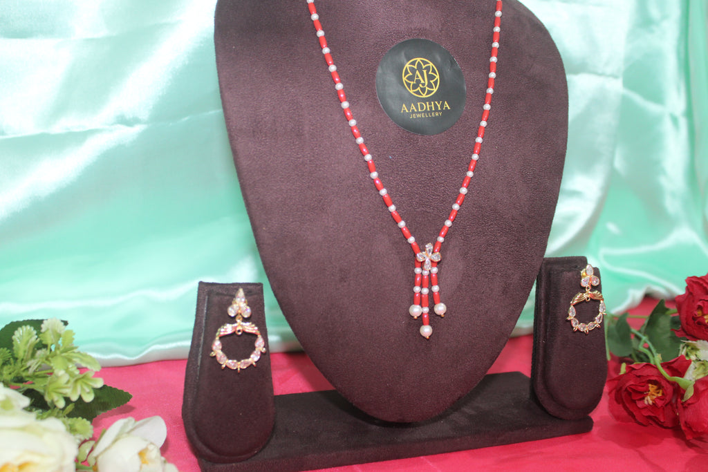 Coral & swarovski pearls premium with earings