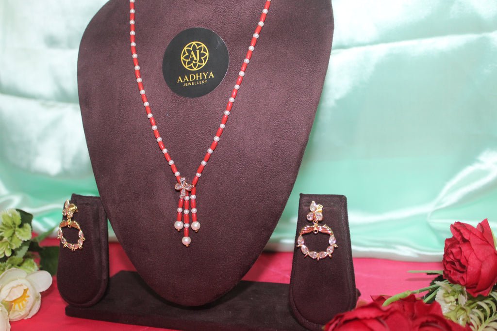 Coral & swarovski pearls premium with earings