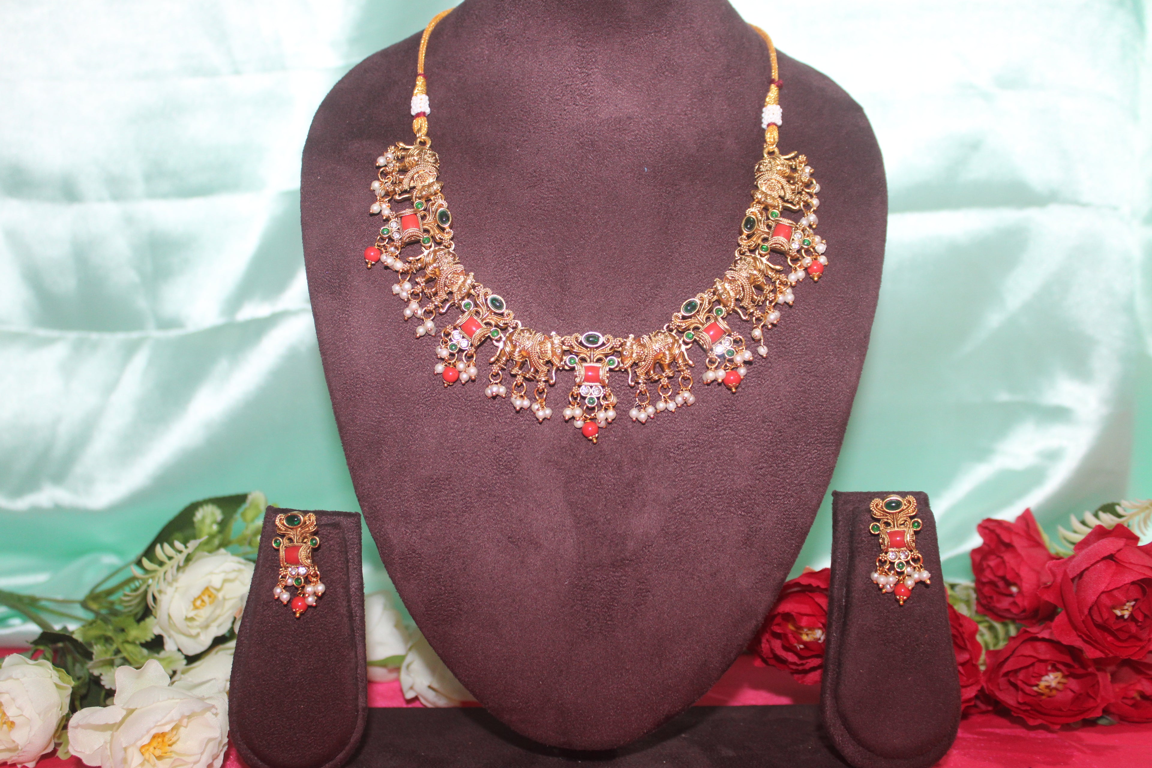 Antiq finish elephant coral &swarovski pearls necklace  with earings