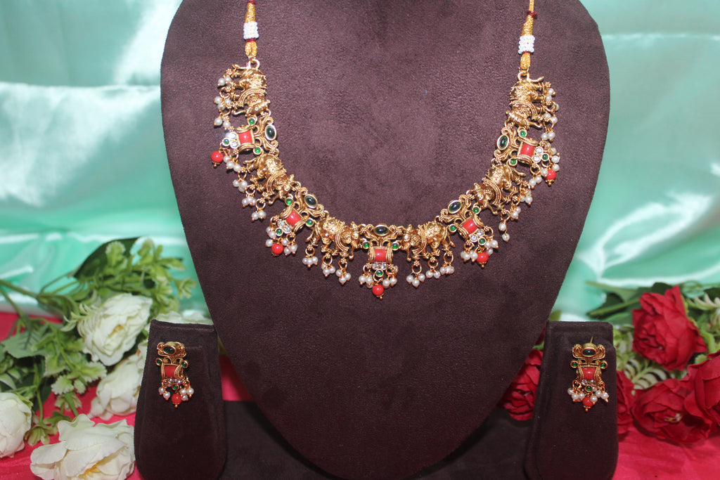 Antiq finish elephant coral &swarovski pearls necklace  with earings