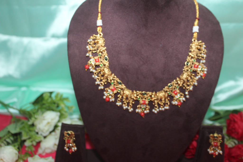 Antiq finish elephant coral &swarovski pearls necklace  with earings