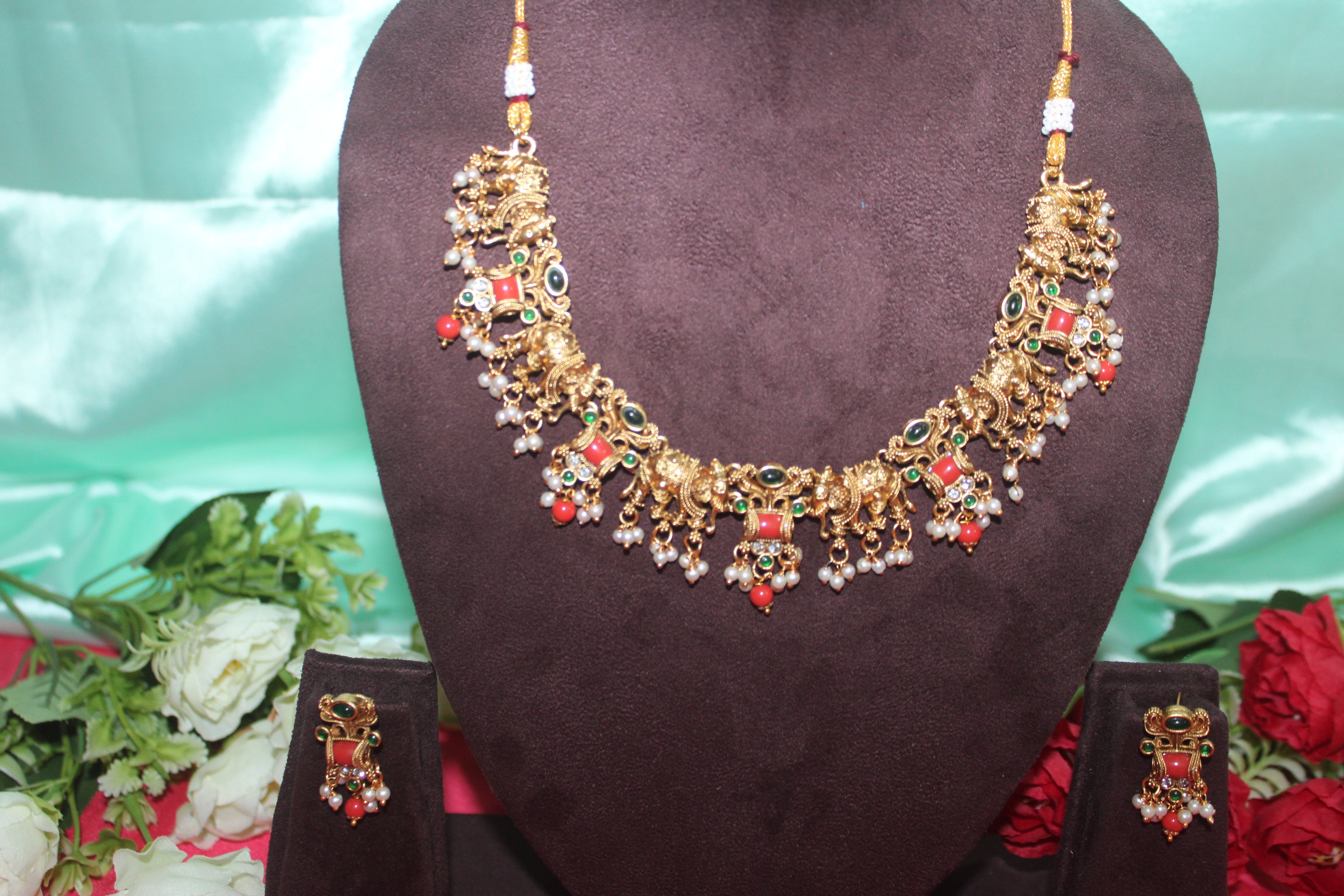 Antiq finish elephant coral &swarovski pearls necklace  with earings