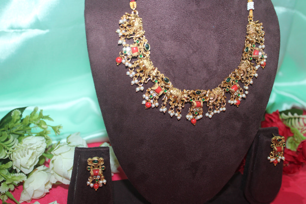 Antiq finish elephant coral &swarovski pearls necklace  with earings