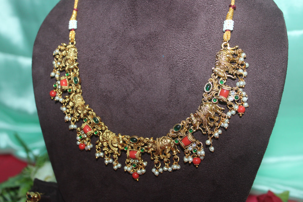 Antiq finish elephant coral &swarovski pearls necklace  with earings