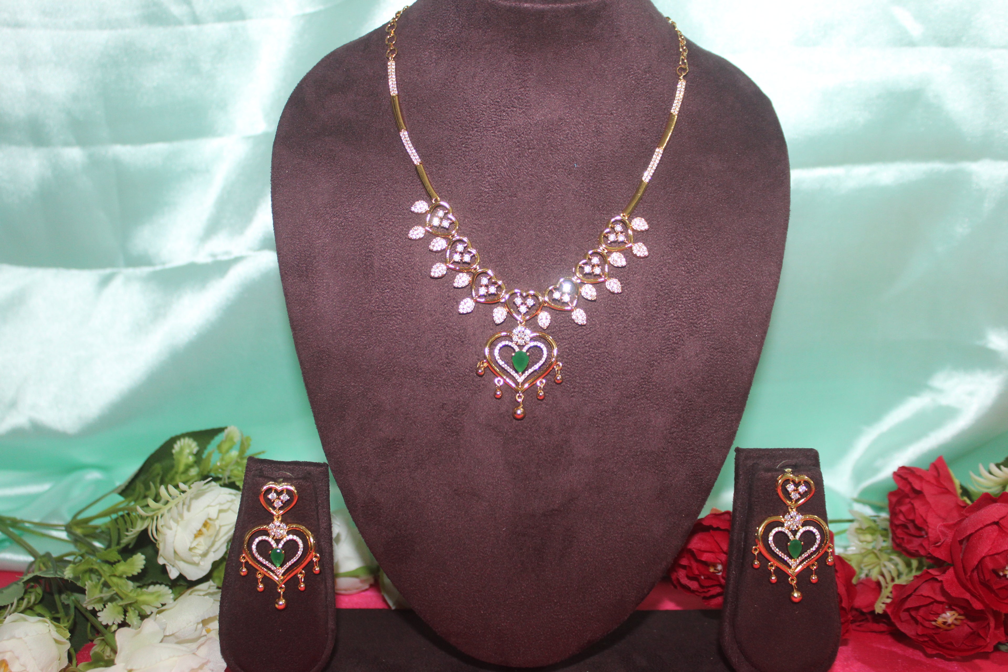 24 crt pure gold plated heart shape short necklace with earings