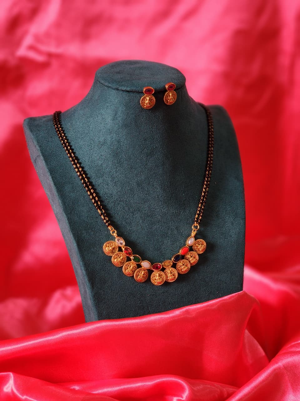 Office wear Navaratnam module with Laxmi Devi lockets matching earrings