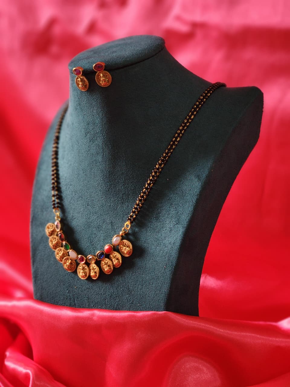 Office wear Navaratnam module with Laxmi Devi lockets matching earrings