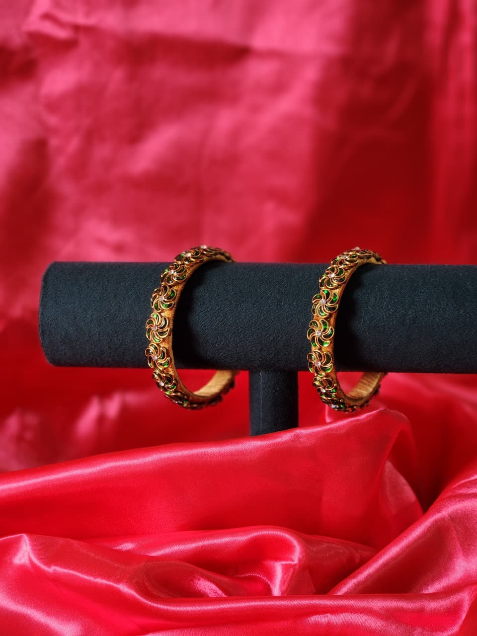 Thread bangles with vibrant green beads