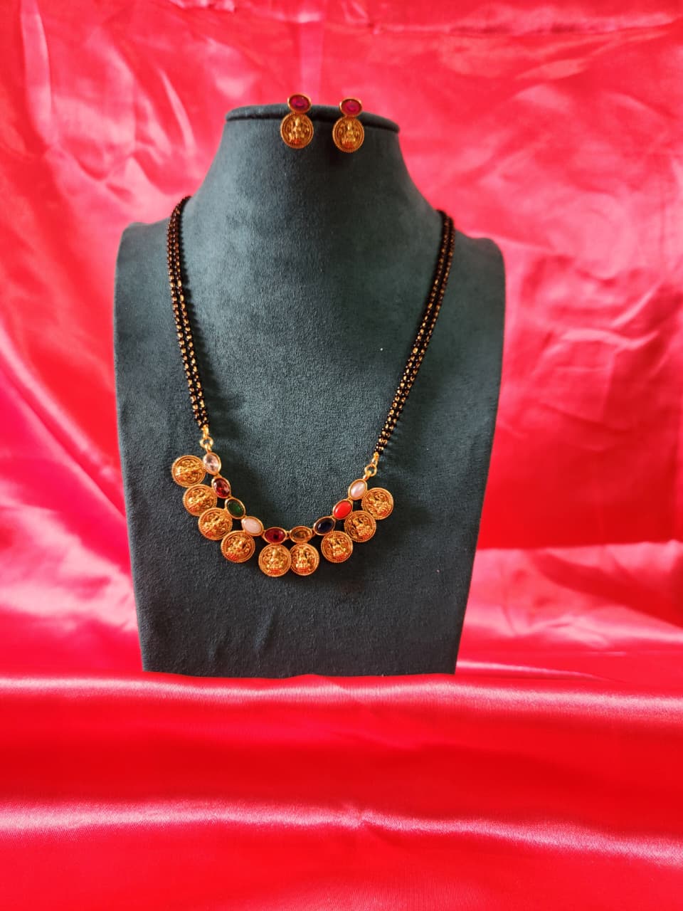Office wear Navaratnam module with Laxmi Devi lockets matching earrings