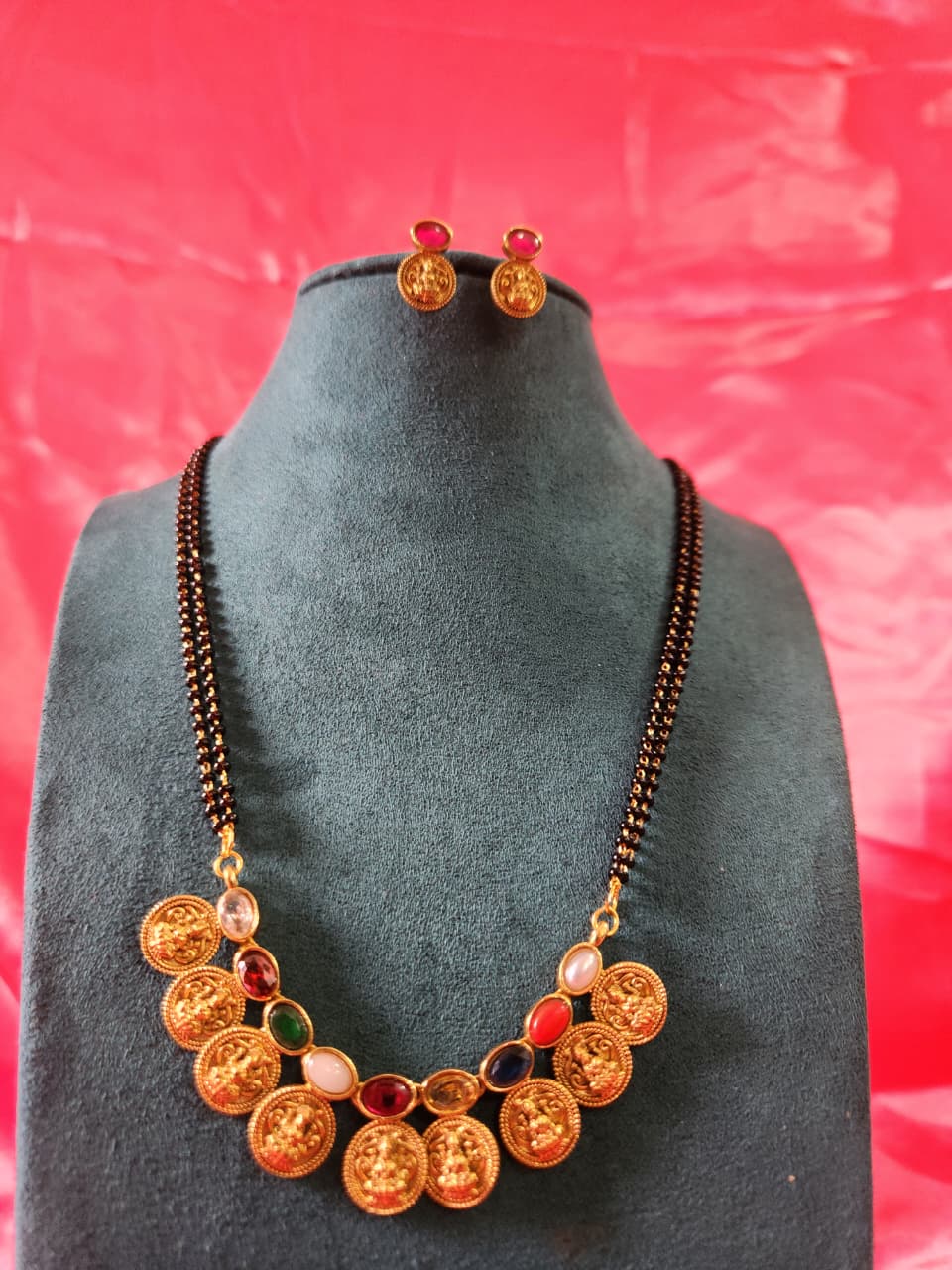 Office wear Navaratnam module with Laxmi Devi lockets matching earrings