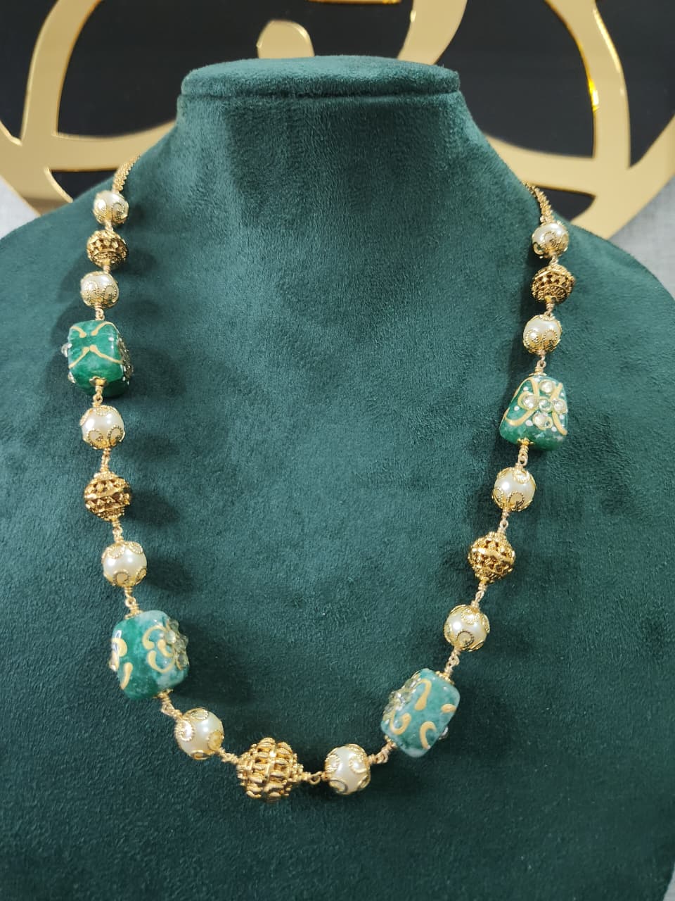Beautiful office wear necklace with stone work and gold nakshi balls